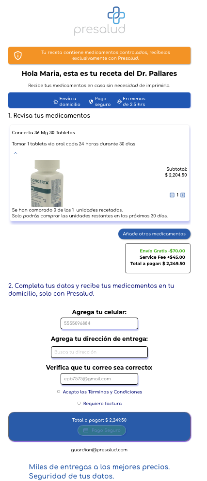 Carrito precargado con la receta y datos de entrega del paciente